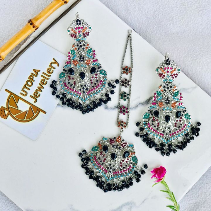 Fashion%20Nauratan%20Earrings%20With%20Mang%20Tikka%20Set%20Imitation%20Jewelry%20For%20Girls%20&%20Women%20Stylish%20Wedding%20and%20Party%20Jewellery%20Silver%20Earrings%20Set%20-%20Image%204