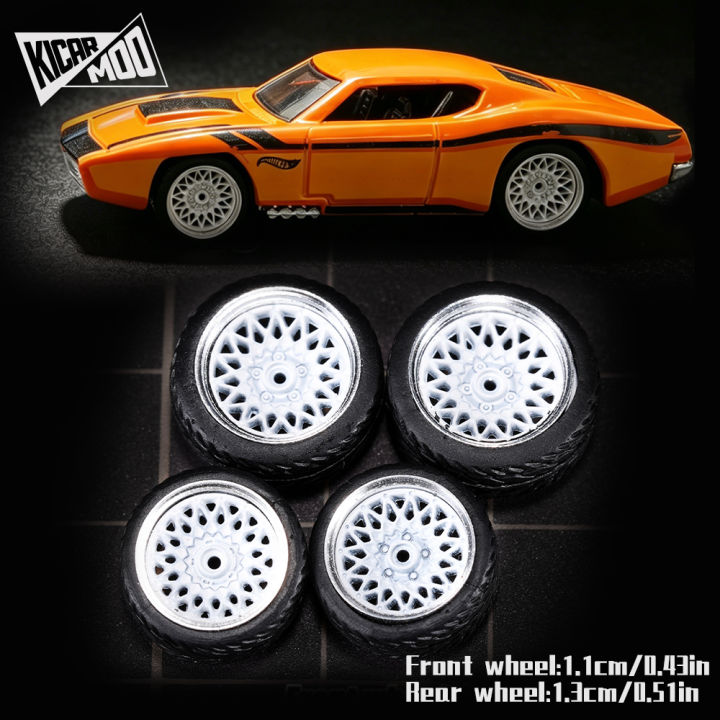 Kicarmod 1/64 Model Car ABS Wheels with  Tire Metal Rims Front Small Rear Large Refitting Parts For Model Car Hot Wheels