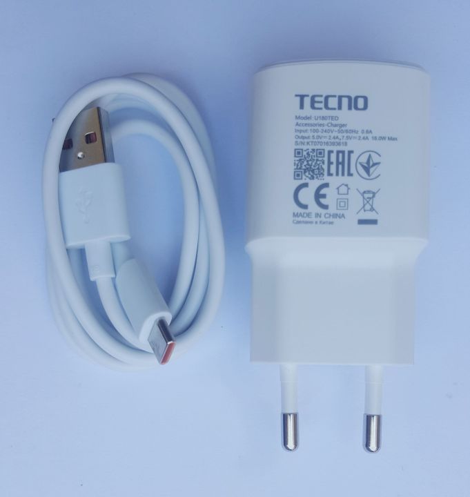Tecno 18W Genuine Charger with Type C Cable, EU Plug, Fast Charging