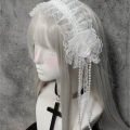 Gothic Lolita Lace Headband with Rose Flower Pearl Tassel Black White Frilled Headdress for Women Cosplay Party Hair Accessories.
