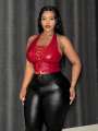 Leather Crop Top for Women with Hanging Neck Strap Hollow out Belted Waist Tight Strap Vest Large Size European Style. 