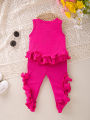 Baby Girl Spring & Summer New 2pcs Outfit Camisole Top+Pants Set Irregular Lace & Ruched Decoration Cute Casual Fashion Clothing. 