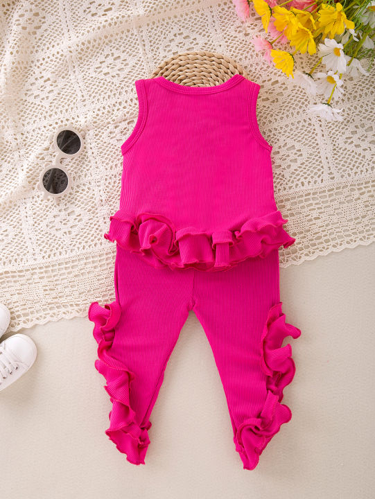 Baby%20Girl%20Spring%20&%20Summer%20New%202pcs%20Outfit%20Camisole%20Top+Pants%20Set%20Irregular%20Lace%20&%20Ruched%20Decoration%20Cute%20Casual%20Fashion%20Clothing%20-%20Image%202