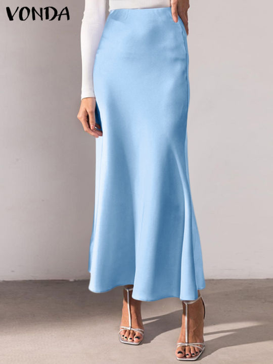 VONDA 2024 Summer Elegant Women Long Skirts Satin Silk Fashion Bottoms Solid Pleated Loose High Waist Ruffled Maxi Party Skirts