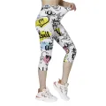 K471 Summer Capris Leggings, White Yellow Letters, Cloud Printed Capris, Soft and Elastic Casual Sportswear for Women. 