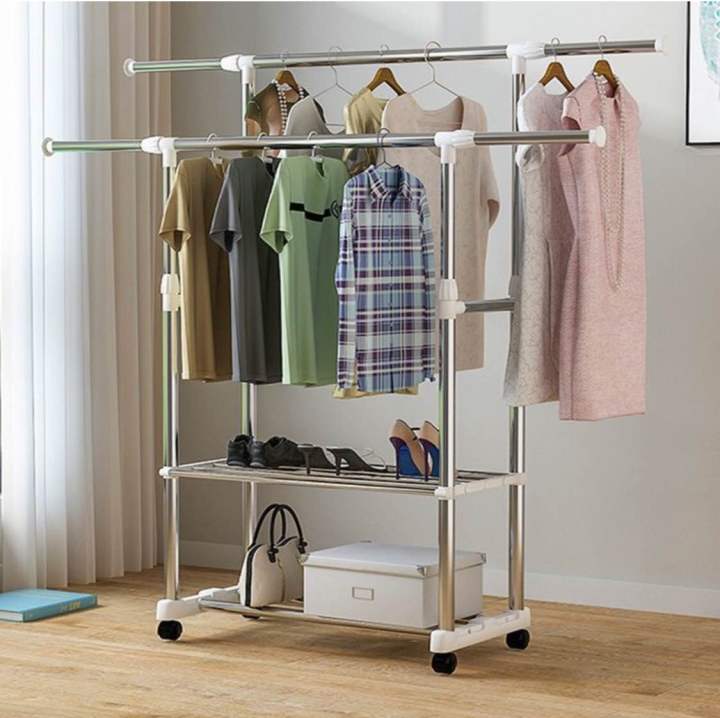 Double Line Cloth Rack Stainless Steel DOUBLE POLE Cloth (with Three SHELVES) hanging Rack ...