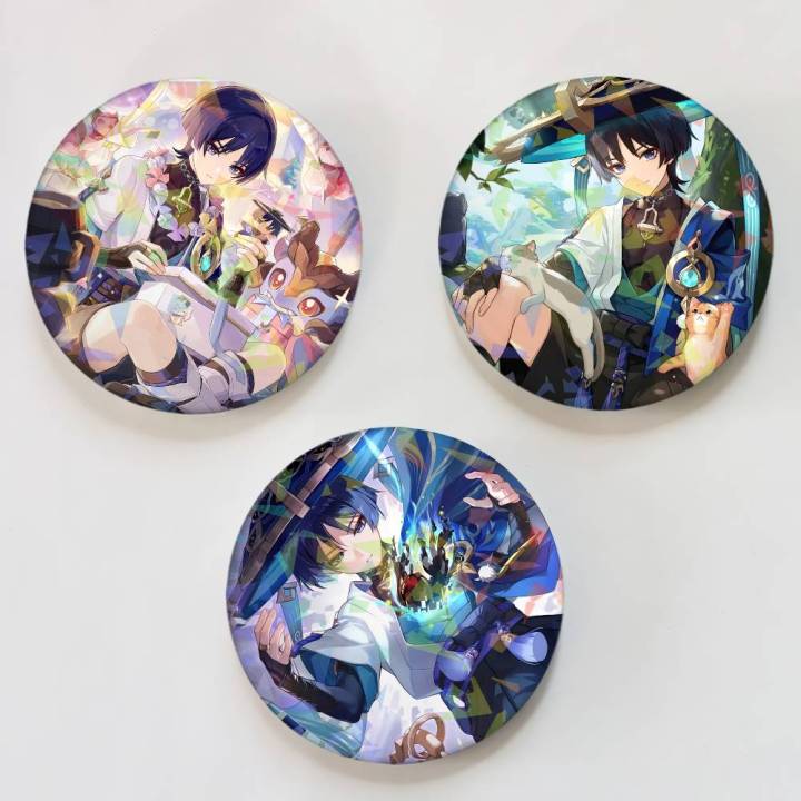 Scaramouche Balladeer Wanderer Genshin Round Badge Lapel Pins for Backpacks Briefcase Laser Brooch Clothes