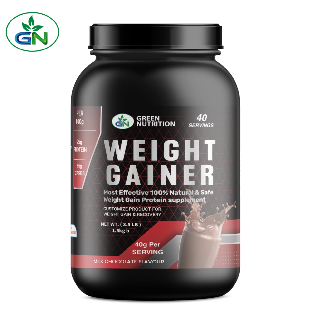 GN Weight Gainer 1.6kg- Most Effective 100% Natural & Safe Weight Gain Protein Supplement, Instant Nutrition Drink Mix For Men & Women, Enhanced Strength and Stunted Growth, Weight Gainer & Recovery- Milk Chocolate Flavor, 40 Servings. (BSTI Reg No: 757