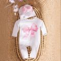 Ylsteed 2 Pcs Set Big Bowknot Printed Newborn Girl Photography Romper Baby Long Sleeve Jumpsuit with Matching Hat Infant Props. 