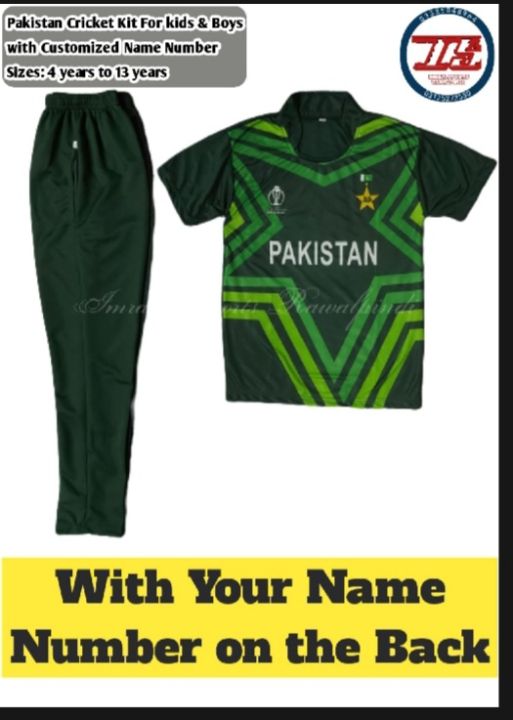 Kids Offical Pakistan cricket Kit jersy with customizable, Personalized Print Name and Number.Kids Pakistan Cricket Team T20 world cup Kit , ODI Kit World Cup Jersy with  Name and Number . A Blend of Polyester 60% cotton  40% offers A Comfortable Breathab
