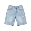 Men's and women's blue ripped jeans trendy American loose straight leg non stretch casual shorts suitable for summer street wear. 