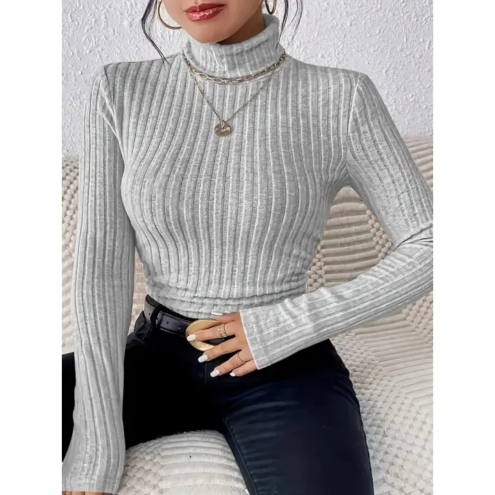 Plus%20Size%201XL-5XL%20Women's%20Slim%20Fit%20Ribbed%20Knit%20Turtleneck%20Knitted%20Sweater%20Long%20Sleeve%20Light%20Gray%20Elegant%20Versatile%20Pullover%20Top%20-%20Image%204