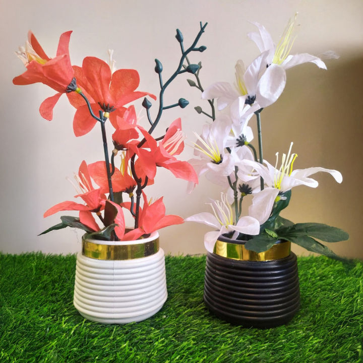 Artificial Flower Pots Set of 2 - Golden & White Elegant Small Table Vase, Decorative Flowers & Leaves for Home and Office Decoration, 10 Inches