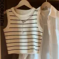 New 2024 Basic Bottoming Striped Chain Elasticity Vests Women Tank & Camis Autumn Winter Wild Crop Short Tops. 