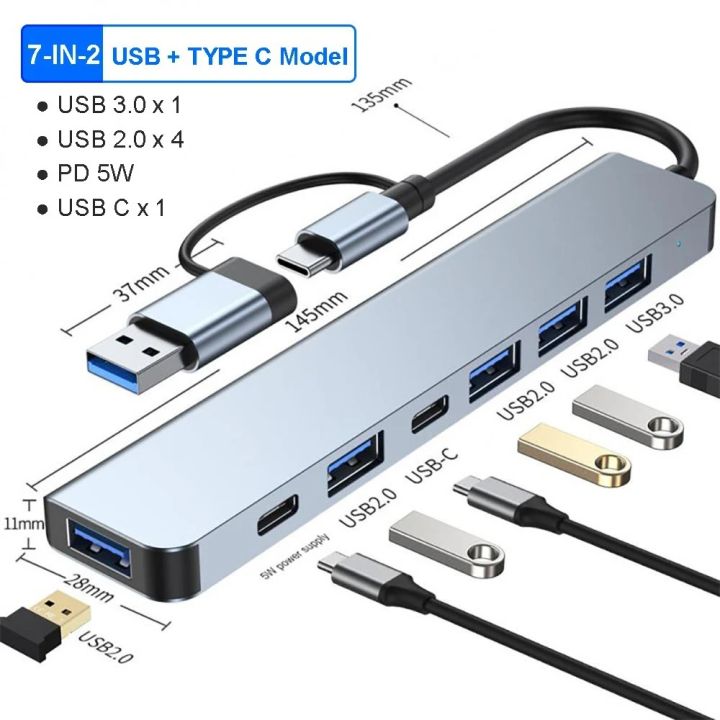 USB C Hub USB Hub 3.0, Aluminum 7 in 1 USB Extender, USB Splitter with 1 X USB 3.0, 4 X USB 2.0 and 2 X USB C Ports