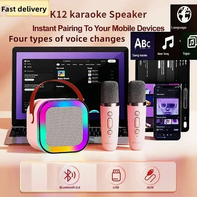 K12%20Karaoke%20Machine%20Portable%205.3%20PA%20Bluetooth%20Speaker%20System%20with%202%20Wireless%20Microphones%20Home%20Family%20Singing%20Children's%20Gifts%20-%20Image%202