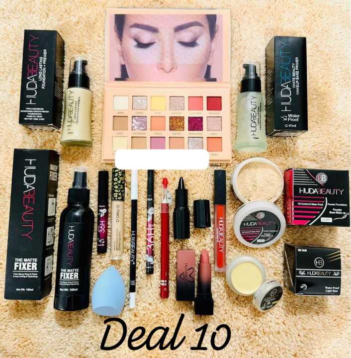 Deal 10 Full Makeup Kit  Foundation, Primer, Eyeshadow, Compact, Lipstick, Fixer, Powder & Blender  Complete Face Makeup Set