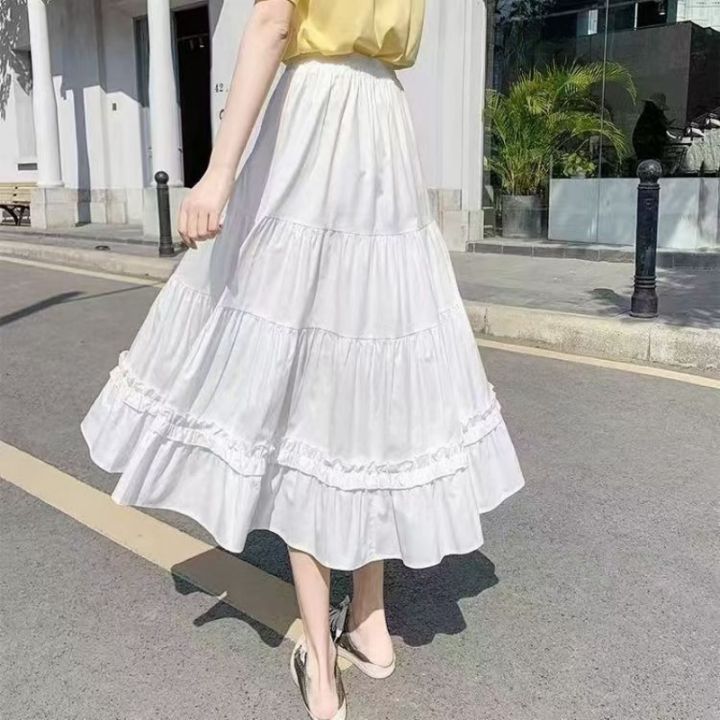 Casual Vintage Women Skirt Matching Chic Lady's White Skirt Sweet Girl's Cake Skirt Elastic Waist A-Line Mid Length Flare Skirt