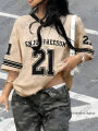 2026 Summer New Retro Enjoy Freedom No.21 Print T-Shirt For Women V-Neck Short Sleeve Sports Football Jersey Y2K Oversized Tops.