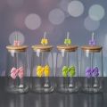 Transparent Bow Glass Cup with Bamboo Lid & Straw – Perfect for Juice, Coffee & Smoothies (Random color). 