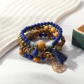 New 4pcs Vintage Bracelet Ladies Light Luxury Style Multi Color System Stone Tassel Multi Layer Beads Leaf Pendant Jewelry. 