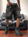 Men's Spring and Summer Street Fashion Casual Frayed-Hem Loose Wide-Leg Black Denim Shorts. 