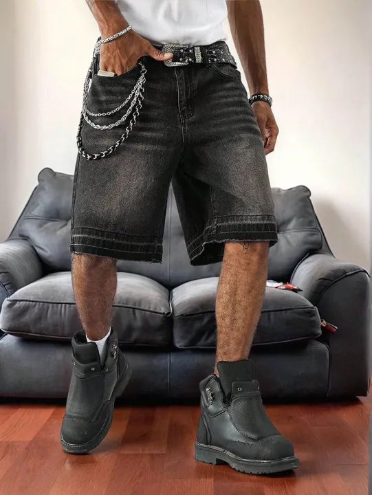 Men's%20Spring%20and%20Summer%20Street%20Fashion%20Casual%20Frayed-Hem%20Loose%20Wide-Leg%20Black%20Denim%20Shorts%20-%20Image%207