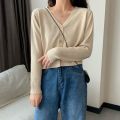 Women's Short Solid Color Cardigan For Spring And Autumn Outerwear Casual V-Neck Knitted Top. 