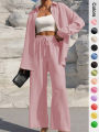 Women's Solid Button Front Shirt & Tie Front Wide Leg Pants Two-piece Set, Casual Drop Shoulder Long Sleeve Blouse Top & Trouser. 