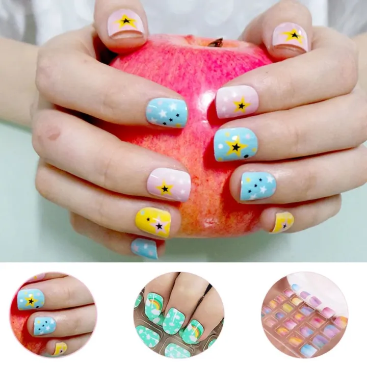 24%20pcs%20Children%20Teens%20Girls%20Nails%20Press%20On%C2%A0%20Full%20Cover%C2%A0%20Gradient%20Color%20Rainbow%20Star%20Unicorn%20Shell%20Short%20False%20Nail%20Kits%20for%20Kids%20Teenager%20Girls%20with%20Glue%20stickers%20Nails%20for%20girls%20-%20Image%203