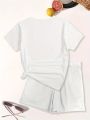 Summer Women's Comfortable and Loose White Cartoon Print Casual Loose Round Neck Short Sleeved T-Shirt Shorts Two-Piece Set. 