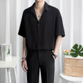 Jane Women's Fashion Shirts Korean Shirts Summer Ice Silk Shirt, 2-Piece Set, Men's Short Sleeve + Suit Pants Loose Black Shirt, Short Sleeves, Solid Color, Trendy Casual Suit Shirt.. 
