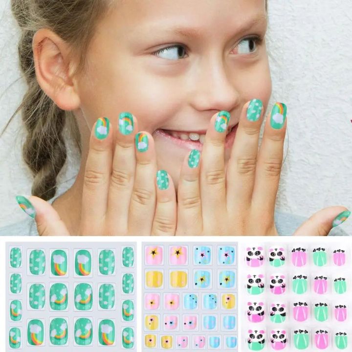 24 pcs Children Teens Girls Nails Press On  Full Cover  Gradient Color Rainbow Star Unicorn Shell Short False Nail Kits for Kids Teenager Girls with Glue stickers Nails for girls