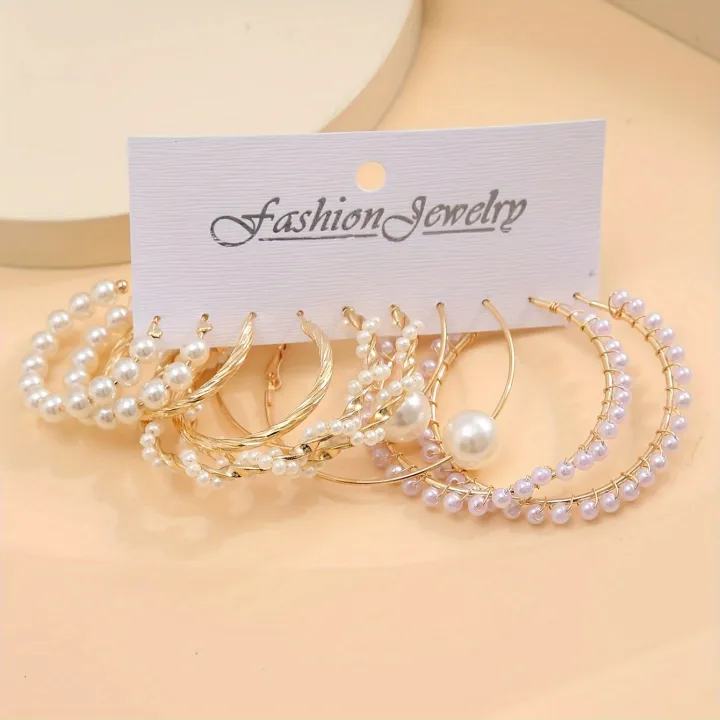 5%20Pairs%20Elegant%20Wrapped%20Imitation%20Pearl%20Round%20Hoop%20Earrings%20Exaggerated%20Geometry%20Big%20Round%20Earrings%20Women's%20Party%20Set%20Jewelry%20-%20Image%204