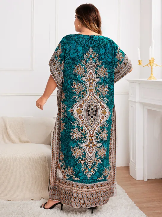 Spring/Summer%20New%20plus%20Size%20Women's%20Ethnic%20Print%20Vacation%20Style%20Wrap%20Long%20Robe%20Elegant%20Commute%20Loose%20Dress%20-%20Image%203