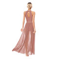 Womens Ballet Dress Lyrical Latin Dance Performance Costume Sleeveless Keyhole Back Shiny Rhinestones Side Split Mesh Maxi Dress.