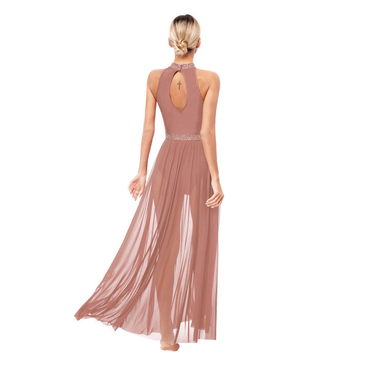 Womens%20Ballet%20Dress%20Lyrical%20Latin%20Dance%20Performance%20Costume%20Sleeveless%20Keyhole%20Back%20Shiny%20Rhinestones%20Side%20Split%20Mesh%20Maxi%20Dress%20-%20Image%203