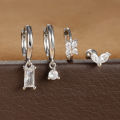 4PCS Stainless Steel Four Zircons Flower Pendant Hoop Earrings Set for Women Cartilage Huggies Square Earring Piercing Jewelry. 
