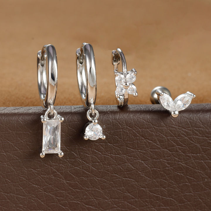 4PCS%20Stainless%20Steel%20Four%20Zircons%20Flower%20Pendant%20Hoop%20Earrings%20Set%20for%20Women%20Cartilage%20Huggies%20Square%20Earring%20Piercing%20Jewelry%20-%20Image%204