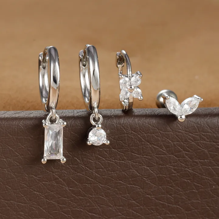 4PCS%20Stainless%20Steel%20Four%20Zircons%20Flower%20Pendant%20Hoop%20Earrings%20Set%20for%20Women%20Cartilage%20Huggies%20Square%20Earring%20Piercing%20Jewelry%20-%20Image%204