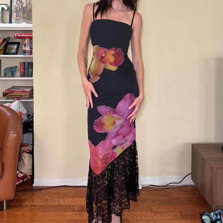 Sexy Black Dresses Women New Summer Lace Fashion Print Sleeveless Backless Strap Maxi Dress Casual Club Elegant Female Dresses