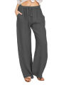 Summer and Autumn Women Cotton Linen Pants Solid Casual Elastic Waist Pockets Wide Leg Trousers Fashion Ladies Straight Pants. 