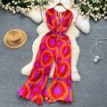 Summer Elegant Women Abstract Print Jumpsuit Chic Streetwear Wide Leg Romper Mujer V Neck Bodycon Sleeveless High Jumps. 