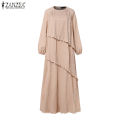 ZANZEA Modest Layered Plisse Patchwork Muslim Maxi Dress, Women's Lantern Sleeve Elegant Abaya, Islamic Hijab Pleated Robe Femme. 