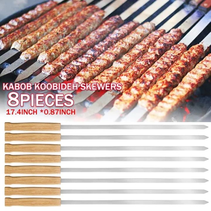 6/8pcs%20Kabab%20Koobideh%20Skewers%2017%20Inch%20Stainless%20Steel%20Grilling%20BBQ%20Skewer%20Reusable%20Barbecue%20Skewers%20Flat%20Stick%20with%20Wood%20Handle%20-%20Image%204
