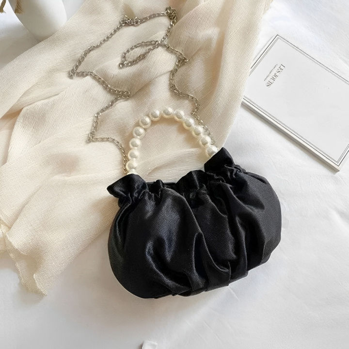 Satin Soft White Aesthetic Pearl Chain Dumpling Handbag for Girls, Stylish Shoulder Crossbody Purse