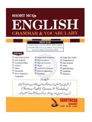 Short MCQs English Grammar & Vocabulary For IELTS, Spoken English, CSS, PMS, PPCS, MDCAT And Essay Writing

Three Forms of Verb
Parts of Speech
Grammatical Rules
Sentence
Idioms
Punctuation
Precis, Summary & Composition
Tenses ( Active & Passive )
Direct