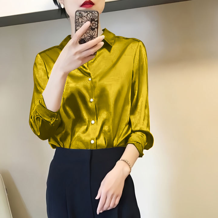 French Elegant Women Satin Glossy Shirt Summer Solid Loose Long Sleeve Blouses Office Lady's All-Match Shirt Vintage Casual Top
