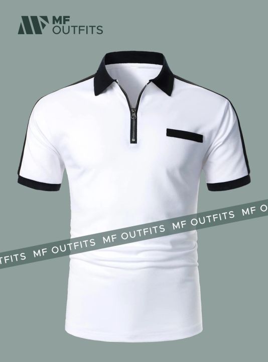 Men's Fashion Zipper Casual Sports Solid Color Cotton Premium Short Sleeve Shirt by MF Outfits