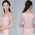Women's form-fitting long-sleeved lace blouse with a feminine silhouette plus size clothing. 